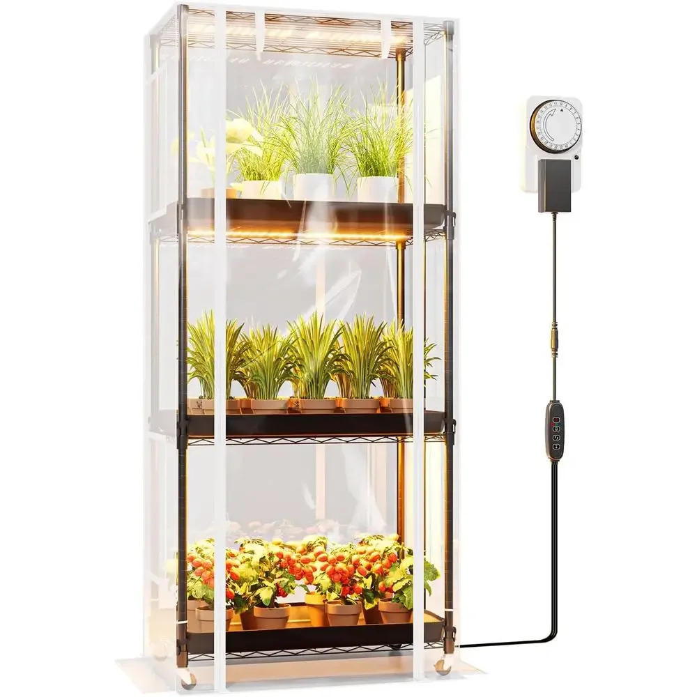 4-Tier Indoor Greenhouse with PVC Cover and 99W Full Spectrum LED Lights, Rolling Plant Stand for Seed Starting, 27x14x59IN