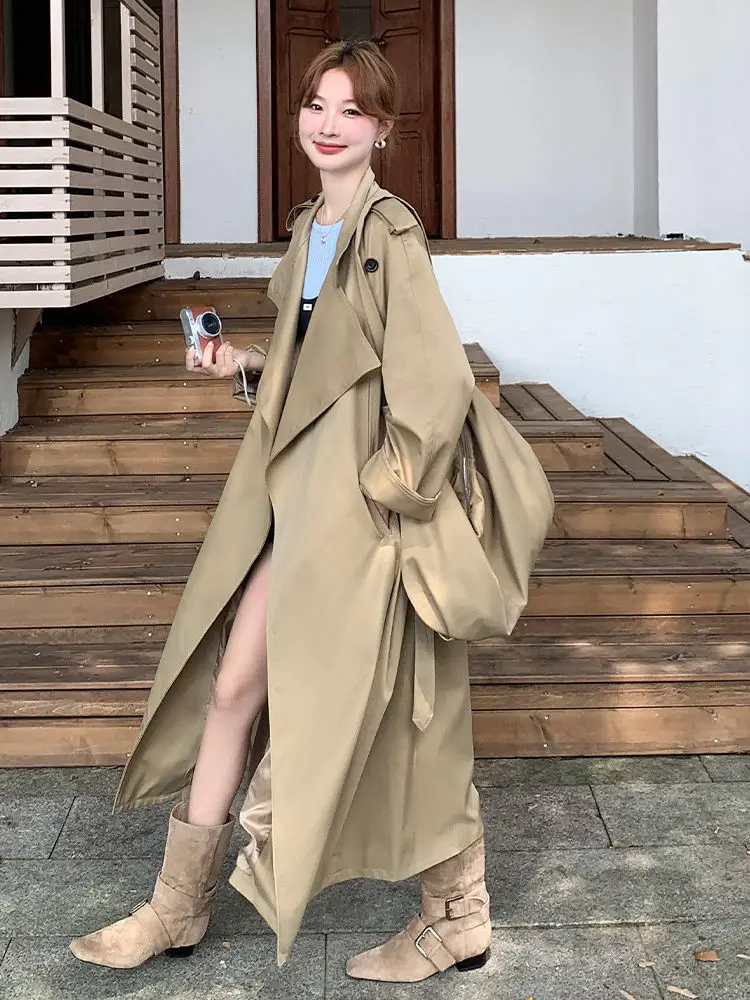 

SuperAen England-style Khaki Trench Coat for Women's Spring and Autumn 2026 New Oversize Turn-down Collar Long Coats