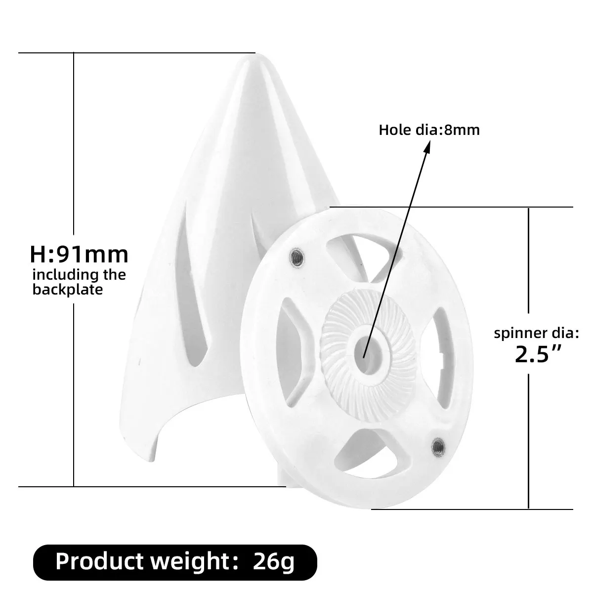 Cubierta de hélice de cono hueco de plástico blanco puntiagudo Spinner de 2,5 pulgadas 2 aberturas para modelo de avión RC