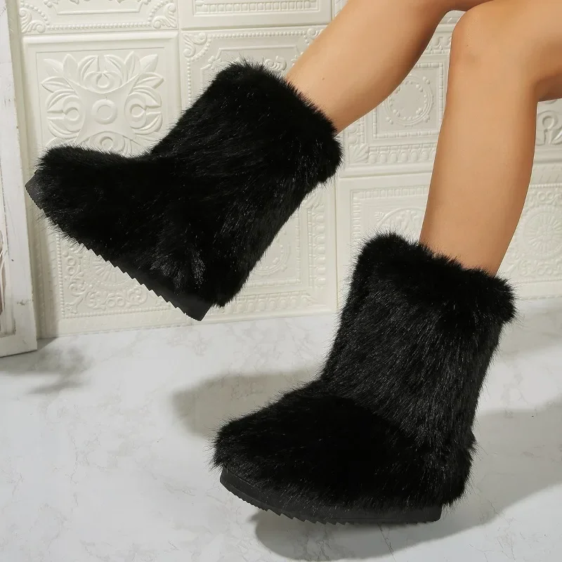 Winter Women Fluffy Faux Fox Fur Boots Woman Plush Warm Snow Boots Luxury Footwear Girls Furry Fur Bottes Fashion Winter Shoe