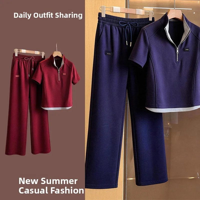 

Summer 2026 Korean Style Loose Fit Short Sleeve T-Shirt And Casual Pants Two-Piece Set in Dark Blue Breathable Comfortable Po...