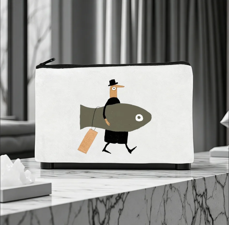 1PC Nordic Abstract Bird Figure Big Fish Graphic Print Canvas Cosmetic Bag Portable Zipper Storage Pouch