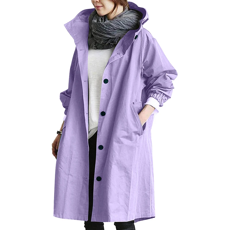 Plus Size British Style Vintage Pocket Hooded Long Sleeved Windbreaker Loose Coat Mid Length Jacket Casual Women Autumn Thin New