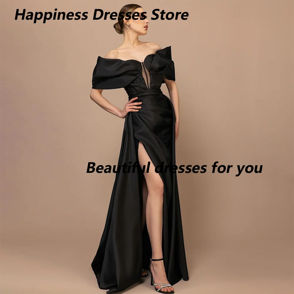 

Elegant Evening Dress Black Satin Off The Shoulder A Line Formal Evening Gowns Long Front Slit Women's Prom Dresses Customized