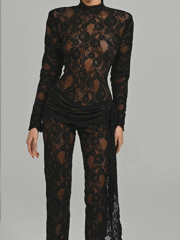 Elegant Black White Lace Bodysuit Jumpsuit with Flowing Details – Full Length and Sheer Design Bodycon Cocktail Parties Wear