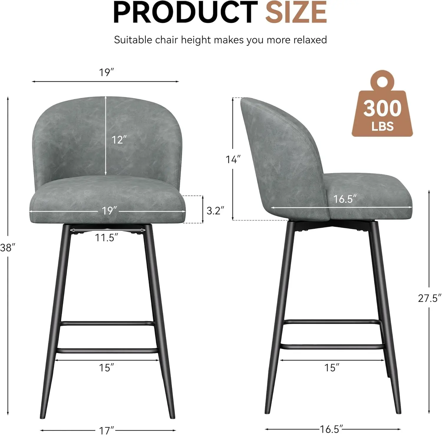 طقم كراسي بارتفاع عداد مكون من 2، 360 درجة °   دوار، ظهر مرتفع، أرجل معدنية، ارتفاع المقعد 26 بوصة، كراسي بار منجدة من جلد البولي يوريثان الرمادي