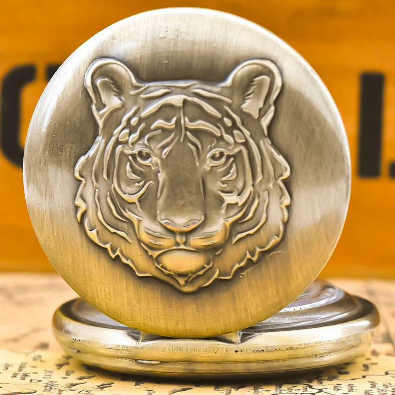 Steampunk 빈티지 청동 동물 호랑이 석영 주머니 시계 목걸이 펜던트 시계 체인 남성 여성 체인 선물