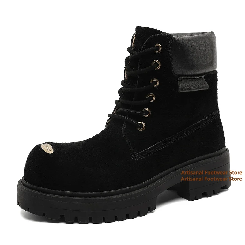 Big Round Toe Men's Boots Thick Bottom Height Increasing Motorcycle Boots Retro Classic Outdoor Designer Handmade Men Boots