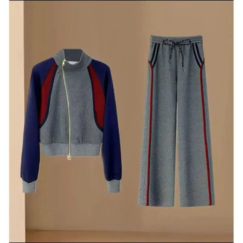

Fashionable color-block hoodies for women's autumn and winter new long-sleeved jackets, sportswear and wide-leg pants two-piece