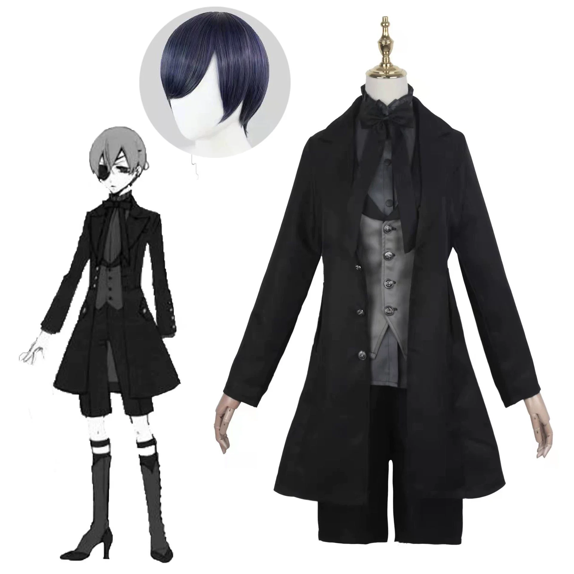 

Black Butler Kuroshitsuji Ciel Phantomhive Cosplay Costume Bocchan Little Devil Uniform Wig Set HalloweenRole Play Women Men