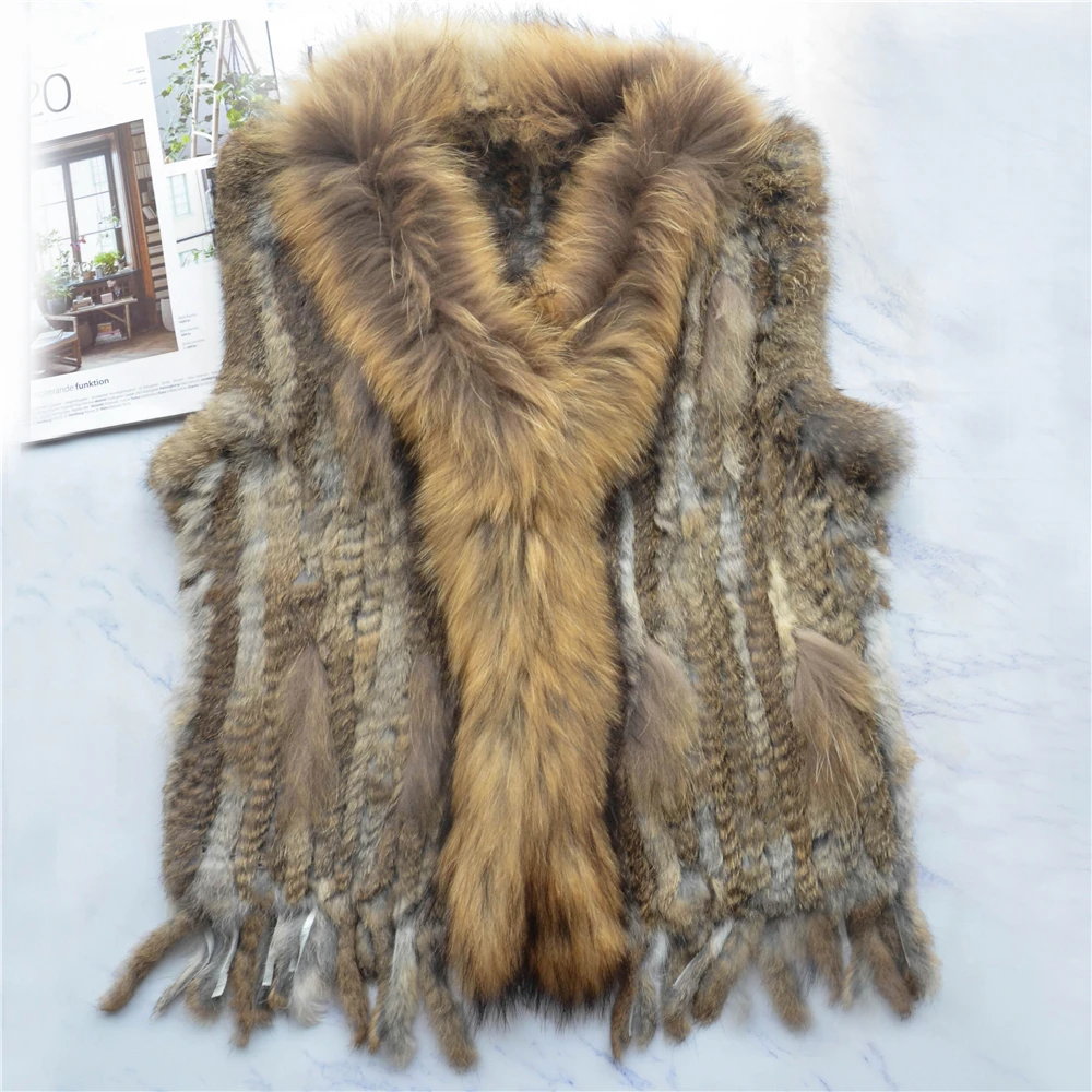 Women Genuine Real Rabbit Fur Vest Coat Tassels Raccoon Fur Collar Jacket Waistcoat Wholesale Drop Shipping