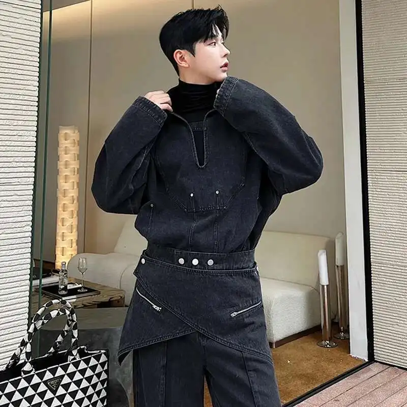 LUZHEN トレンディなデニムジャケット 2 点セット取り外し可能な新しいスカートパッチワークデザインスタイリッシュな男性ストレートジーンズ韓国レトロ LZ8901