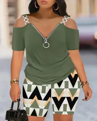 Two Piece Sets Womens Outifits 2023 Summer Fashion Cold Shoulder Chain Decor Short Sleeve Top & Casual Geo Print Shorts Set