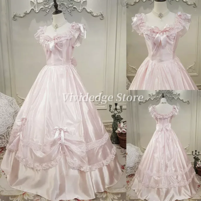 

Customized Vintage Light Pink Wedding Dress Satin Covered Sleeve A-Line Ruffle Bridal Gowns Prom Dresses Evening Gowns
