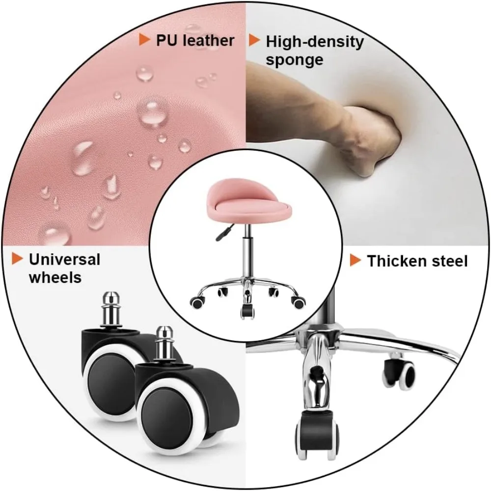 Adjustable Swivel Rolling Stool with Backrest, PU Leather Seat, 360-Degree Rotation, Pink - Ideal for Work and Salon