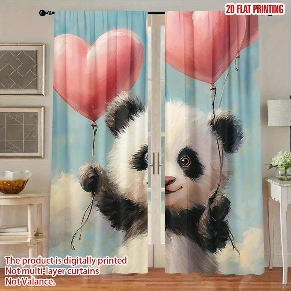 Cute Panda Curtains, Cartoon Bear Holding Heart Balloon Window Drapes, Kids Nursery Decor Blackout Fabric for Boys Girls Bedroom