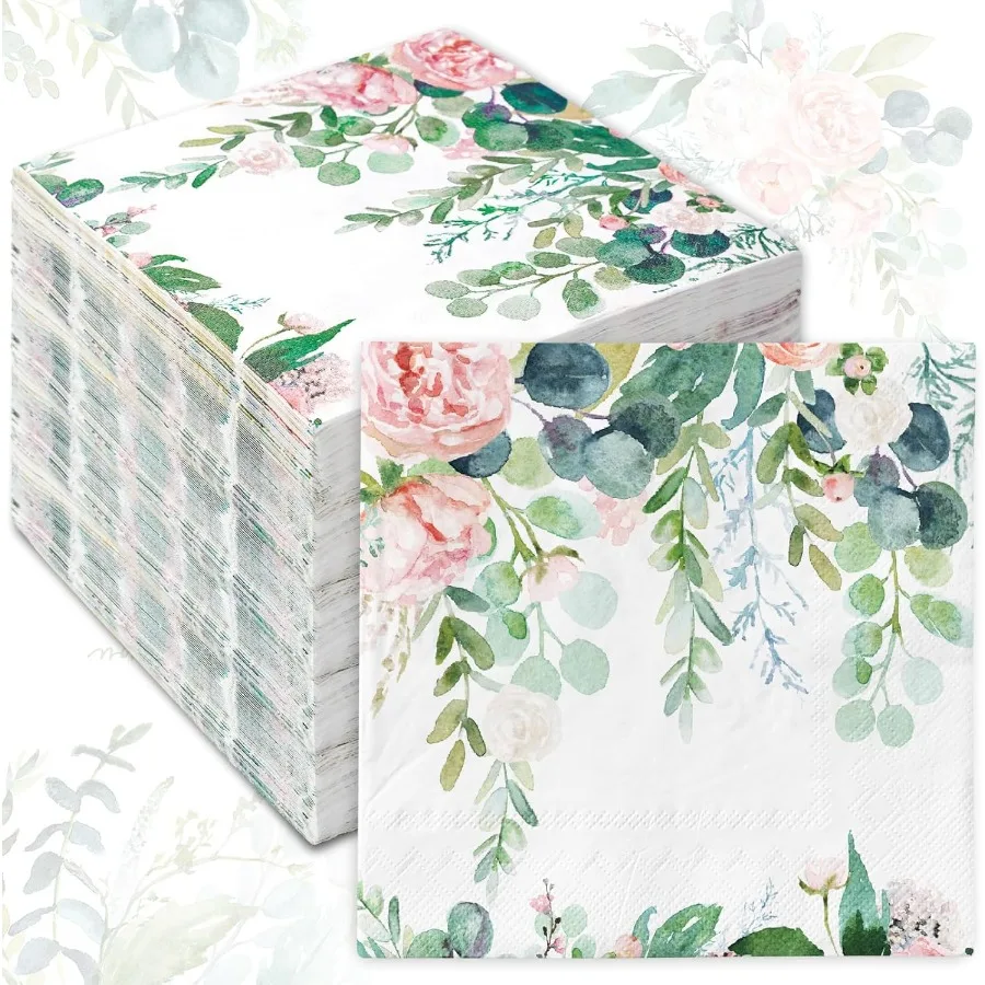 20Pcs Eucalyptus Paper Napkins Floral Disposable Tissue Wedding Bridal Shower Decoupage Craft Garden Tea Party Table Decor
