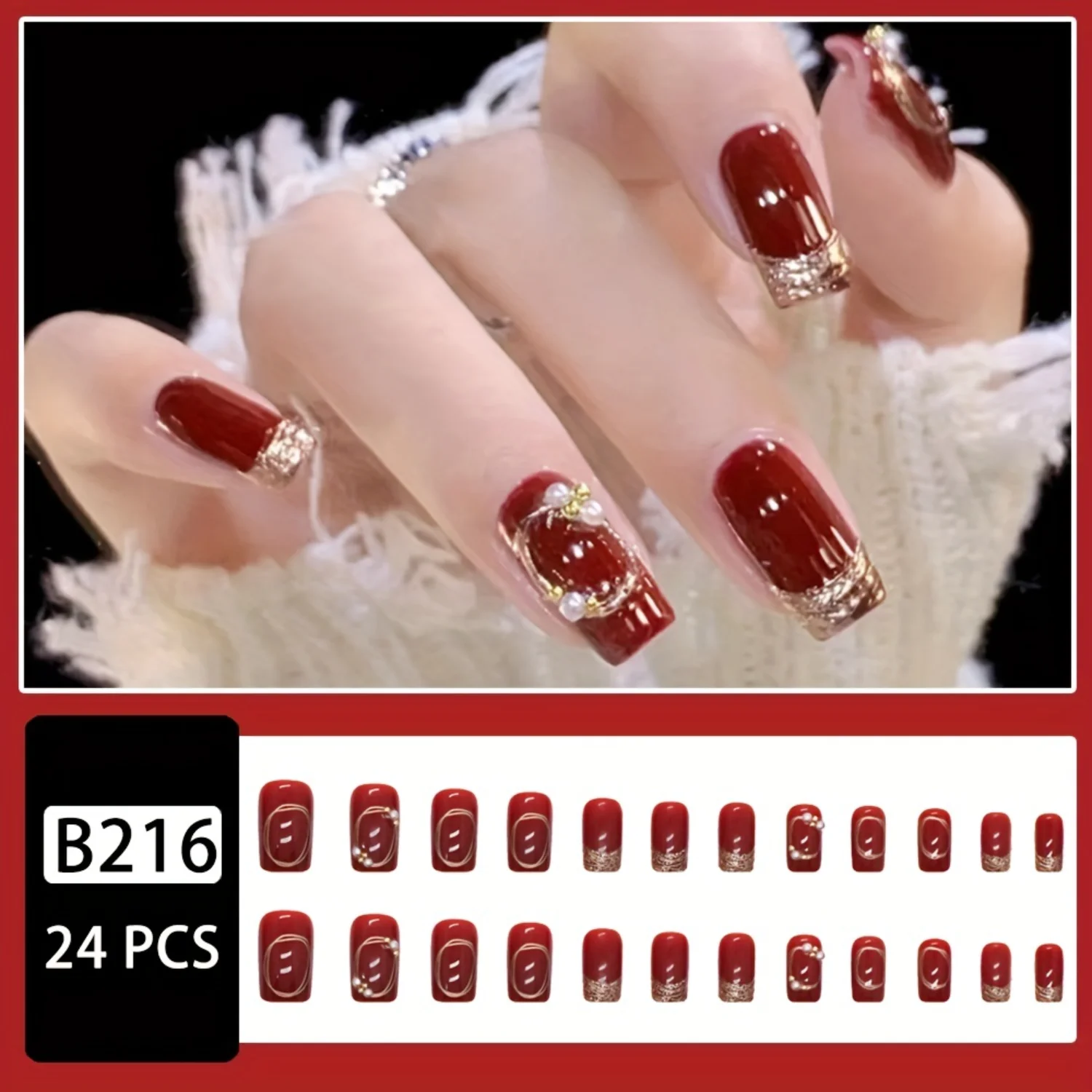 Glossy New Year Red 24pcs Medium Square Fake Nails with Pearl Design and Golden Glitter - Stick On False Nails for Women and Gir