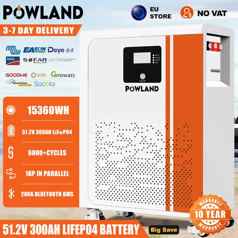 POWLAND 51.2V LiFePo4 Batterij 300AH Batterijpakket 15KWH Wandmontage Lithium IJzer Fosfaat BMS 16S 48V Bluetooth Energieopslag