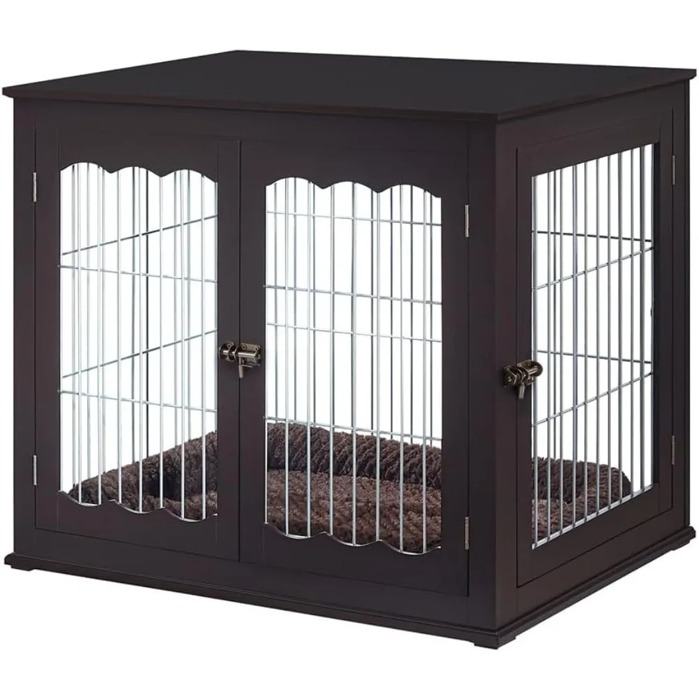 

Furniture Style Dog Crate End Table with Cushion, Wooden Wire Pet Kennels with Double Doors, Large Dog House Indoor Use