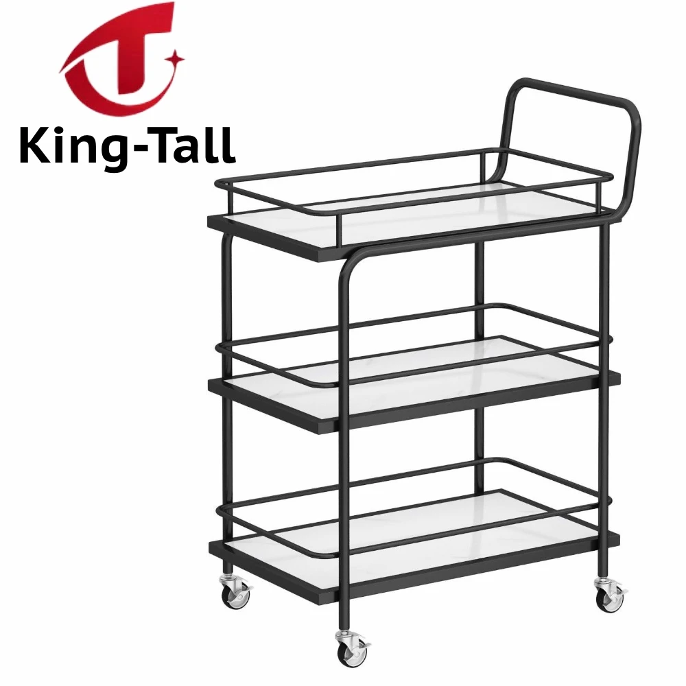 Black Heavy-Duty 4-Wheel Ironwork Trolley Salon Water Cart 3-Layer Bar Serving Cart Hand Truck Manual Pallet Truck 500KG Load