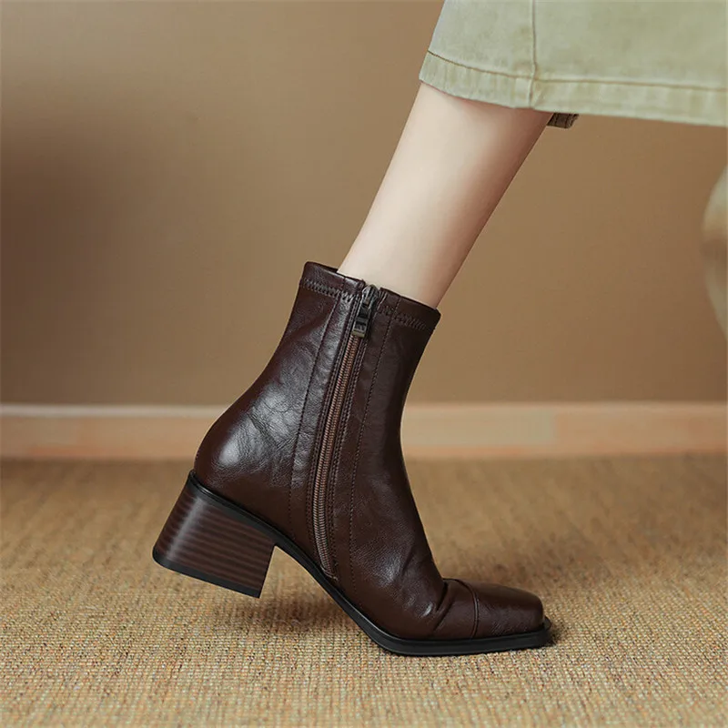 Autumn Winter Pu Leather Women Boots Fashion Square Toe Shoes for Women Short Boots Women Mujer High Heel Elastic Slimming Boots