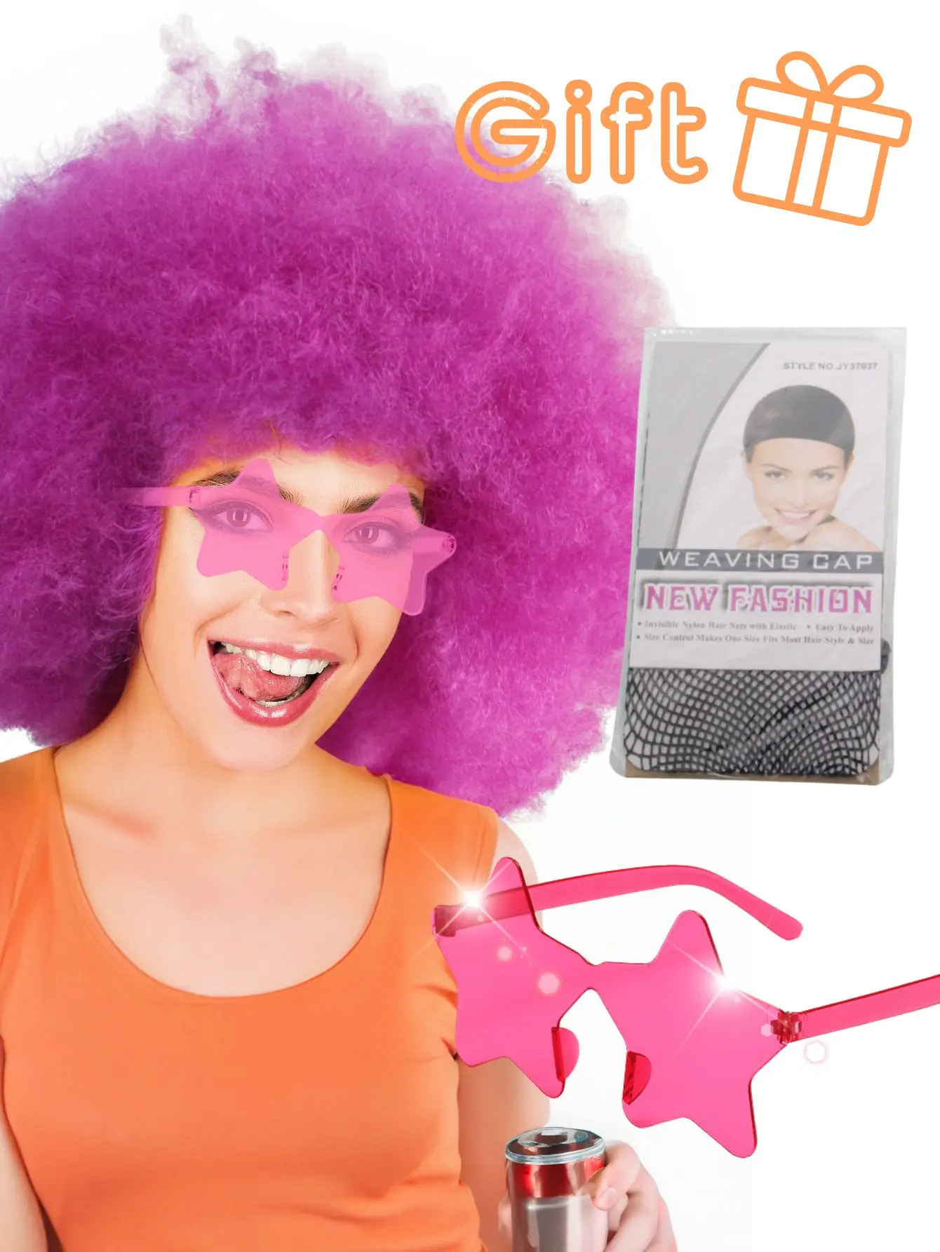 Oversized pluizig krullend haar pruik meerkleurig hittebestendig synthetische vezel met plus bril voor feest