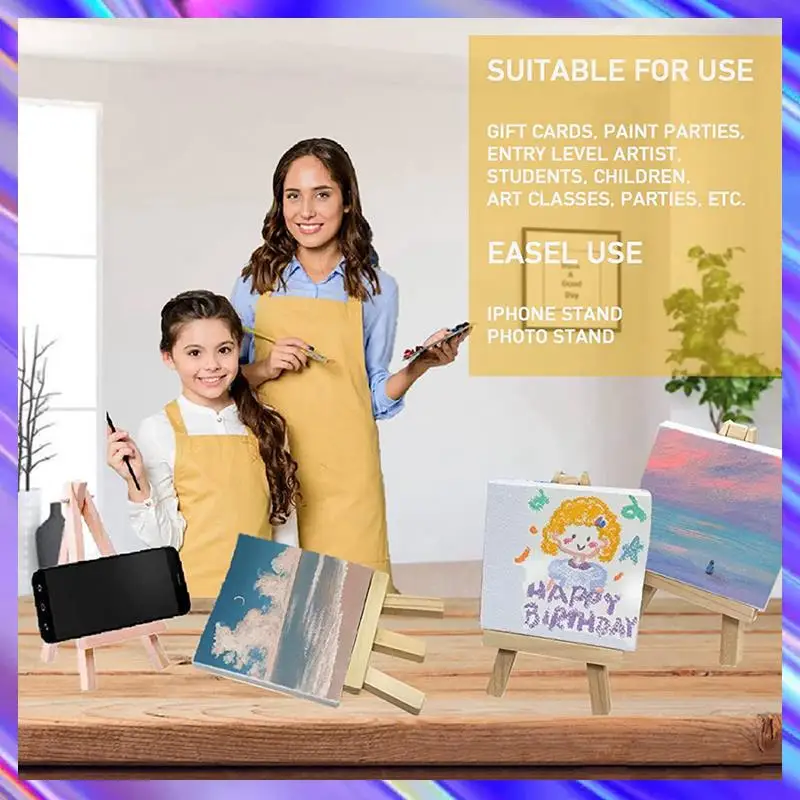 

28Pcs Mini Canvas And Easel Brush Set, Canvas 4X4 Inch, Pre-Stretched Canvas, Mini Painting Kit, Kids Painting Party