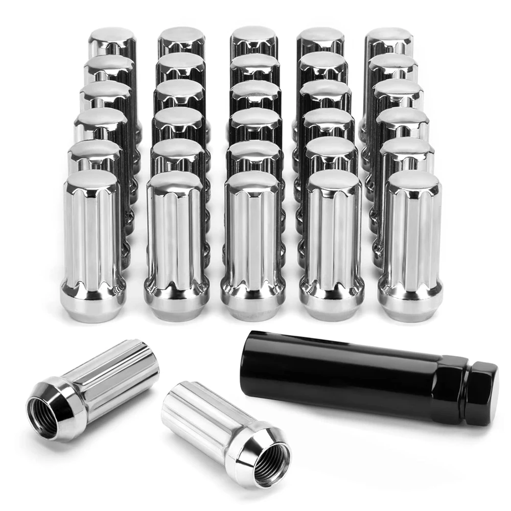 9/16x18 Wheel Lug Nuts, 32x Chrome 9/16x18 Lug Nut,Conical/Cone Bulge Seat, Closed End Long Extended XL Spline with 1 Socket Key