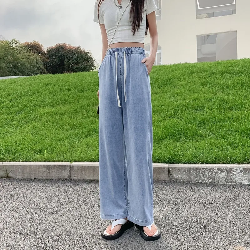 Korean Style Jeans for Women Soft Summer Solid Elastic Waist Streetwear New Fashion Loose College Straight Chic Girls Casual Fit