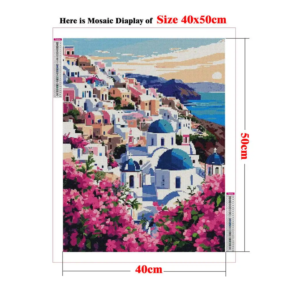 Santorini Travel Diamond Painting By Numbers for Adults , Kos Greek Mediterranean Coast Scenery , White Houses Blue Dome Roof