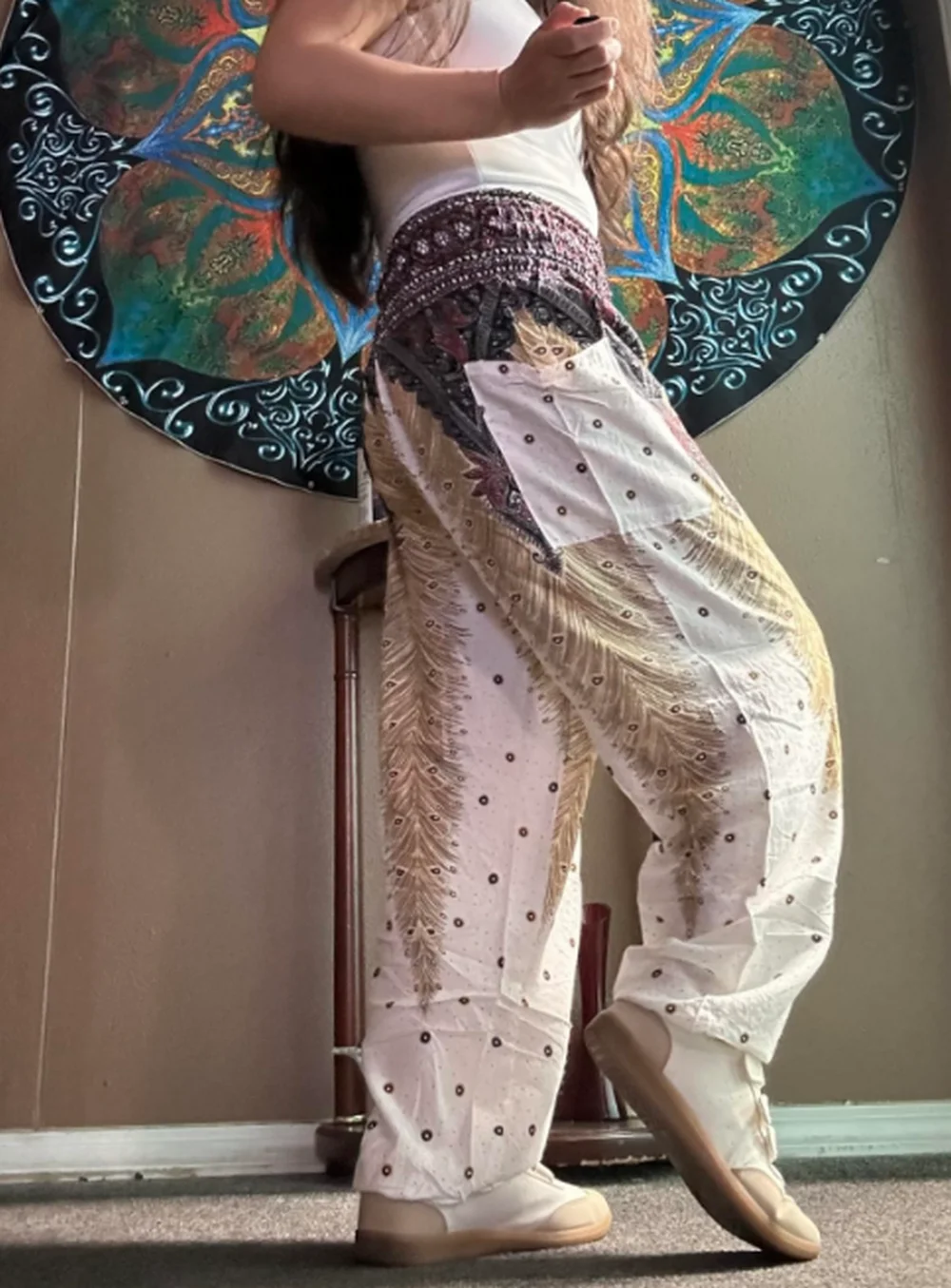 Boho Yoga Pants Wide Leg Women Harem Bohemian  Vintage Print  loose fit Boho Hippie high waist Smocked Waist Beach   Hippie