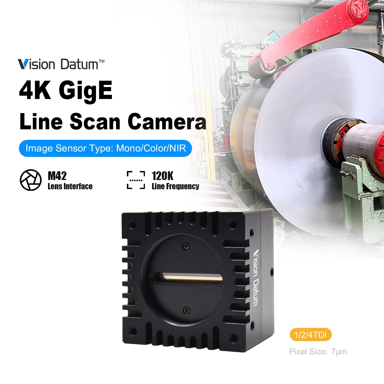 Good Quality 4K TDI Line Scan Camera 7μm Sequence Strobe GigE CMOS M42-Mount for Machine Vision System Material Sorting