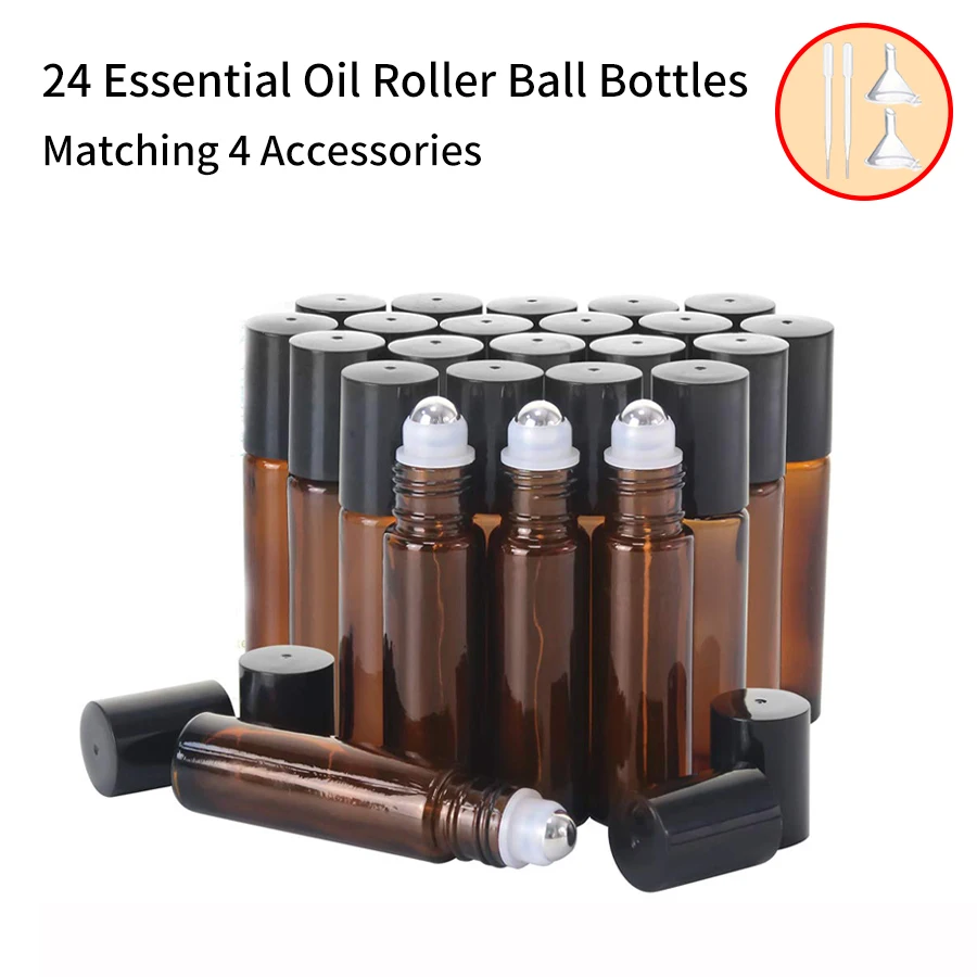 

1/24pcs+4 Accessories 10ml Roller Bottles for Essential Oils - Amber with 24 Essential Oil Bottles, 2 Funnels, 2 Droppers