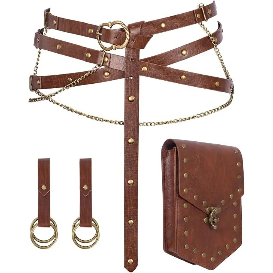 1PC/4PCS Medieval PU Leather Waist Bag Viking Multi-Layer Belt Hiking Skirt Clip Retro Halloween Costume Prop for Men And Woman