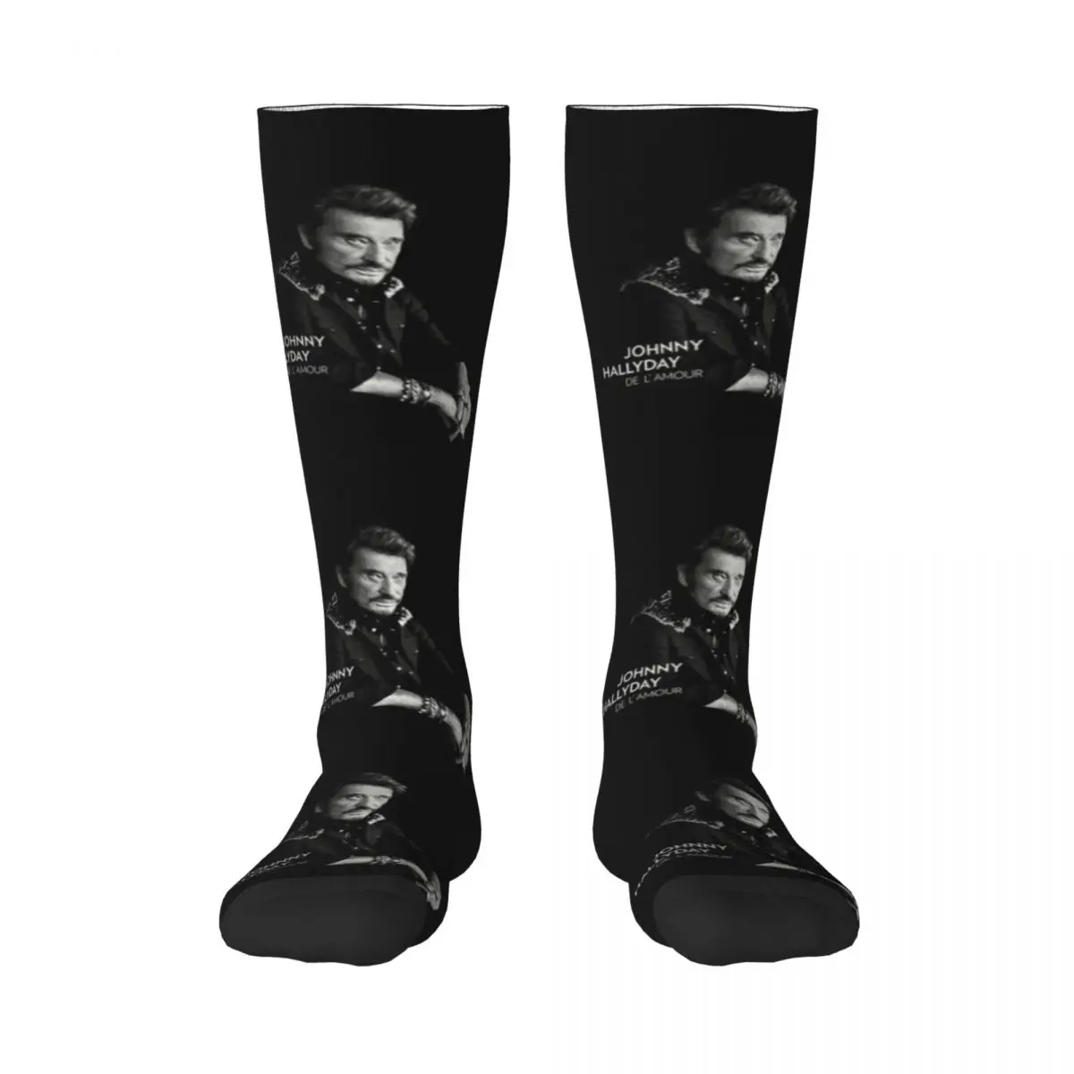 Cool Printing Johnny Hallyday Socks Women Girls Stretchy Sports Knee High France Mucisian Stockings