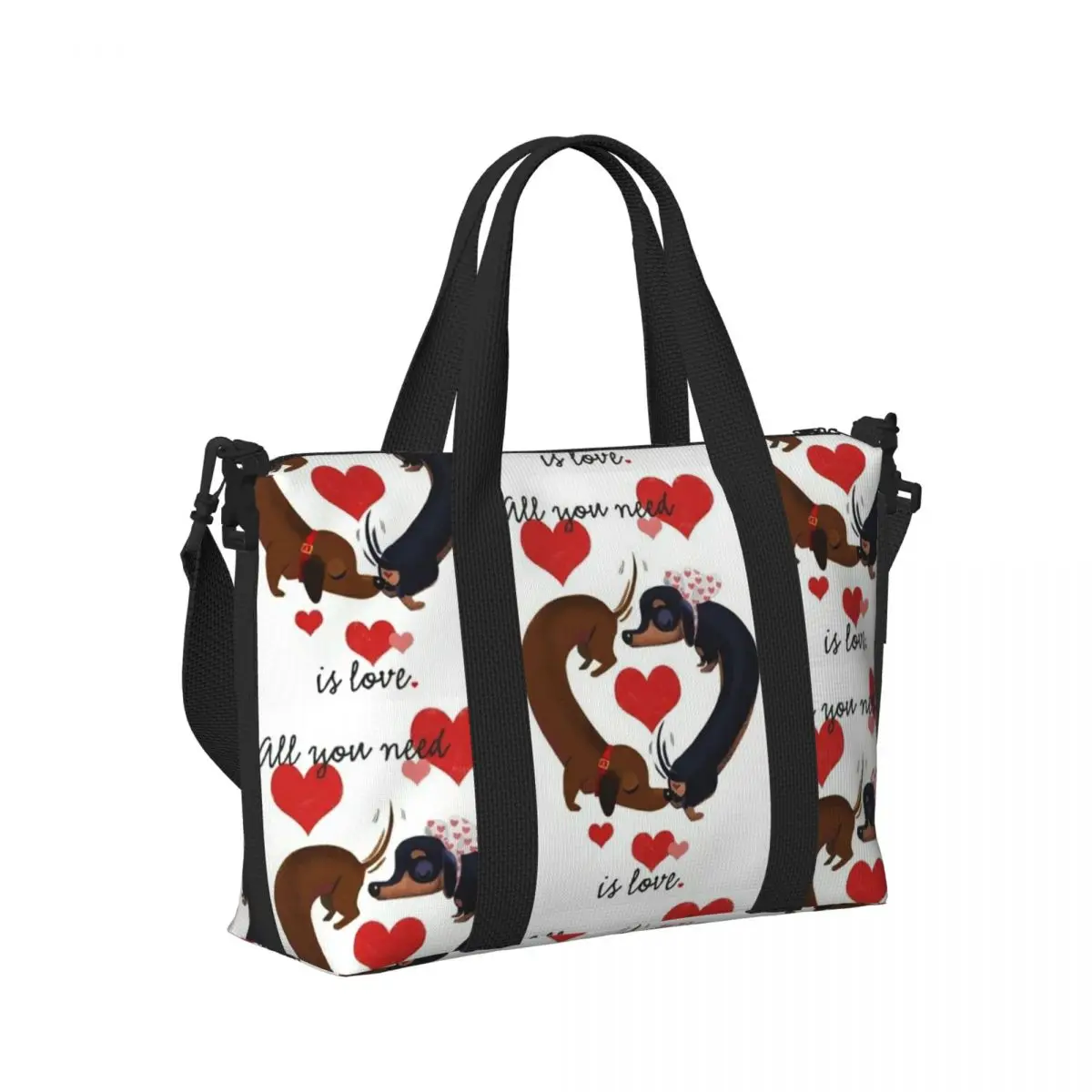 

Couple Dachshund Dog With Heart Sausage Badger Dackel Puppy Beach Travel Bag Tote Bag for Gym Women Shopping Duffle Shoulder Bag