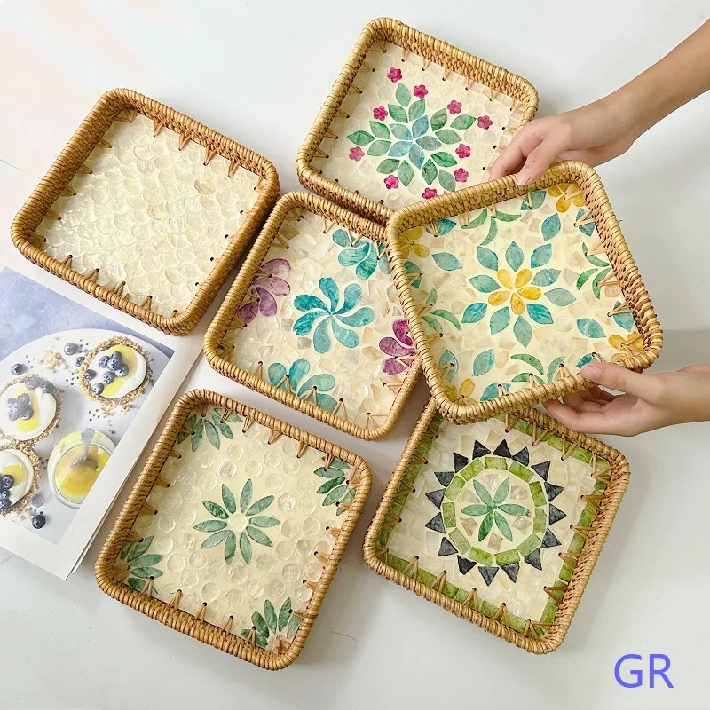 Vietnam Rattan Woven Colorful Shell Nordic Fruit Bowl Decorative Storage Tray Round Plate
