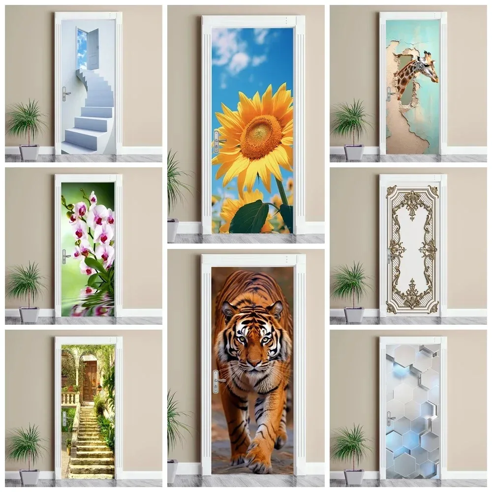 

3D Staircase Illusion Door Mural Sunflower Tiger Giraffe Scenery Peel and Stick Door Sticker for Bedroom Living Room Decor