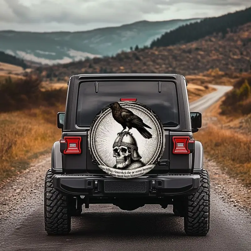 Tire Cover With A Gothic Style Skull And Raven Helmet Design, Made Of Polyester Fiber, Decorative Tire Protection Cover, Retro A