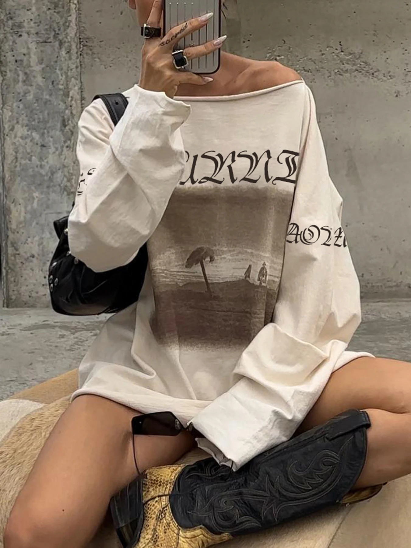 IAMSURE Casual Loose Printed T Shirt Sporty Basic O-Neck Long Sleeve Tees Women 2024 Autumn Spring Fashion Streetwear Ladies