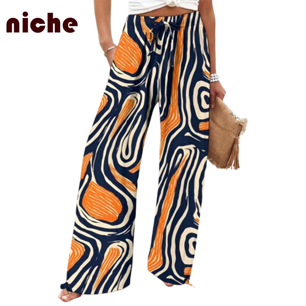 Chic Striped Graphic Print Women's Beach Pants High Quality Fabric Retro Outfit Fashion Trend 2024 New Long Wide Leg Pants