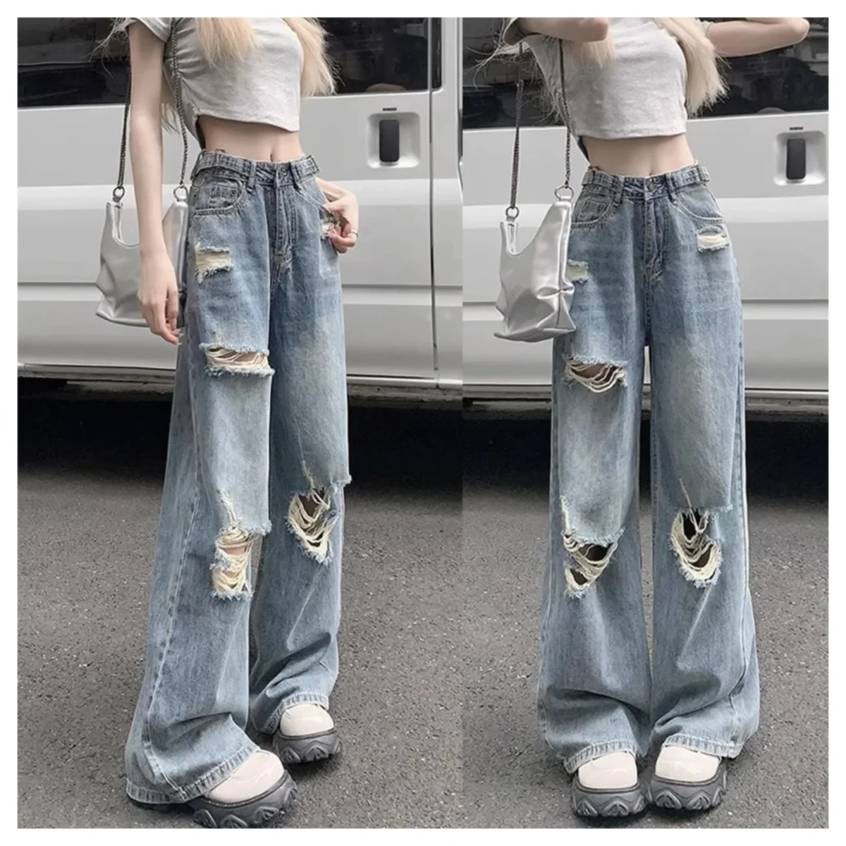 

Baby Blue Women's Straight Leg Jeans High Street American Retro Ripped Y2K Denim Trouser Hot Girl Style Casual Mopping Long Pant