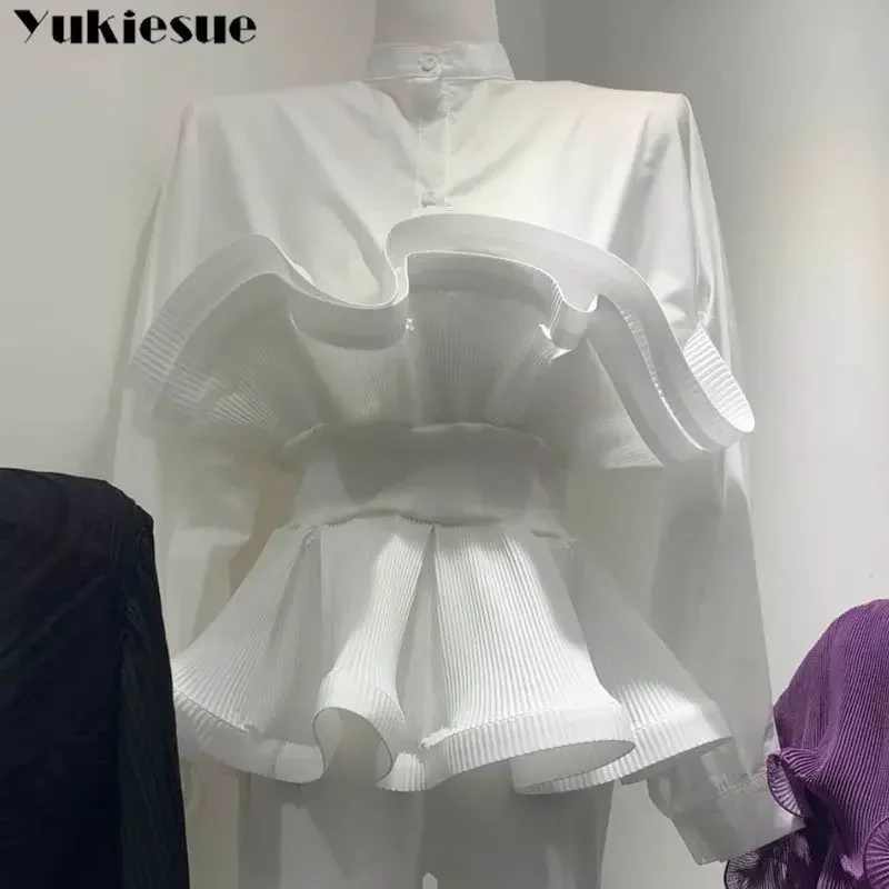 2022 Spring Autumn Fashion Tide New Koreanstytle Ruffle Ruched Shirt For Women Stand Collar Lantern Sleeve Sashes Casual shirt