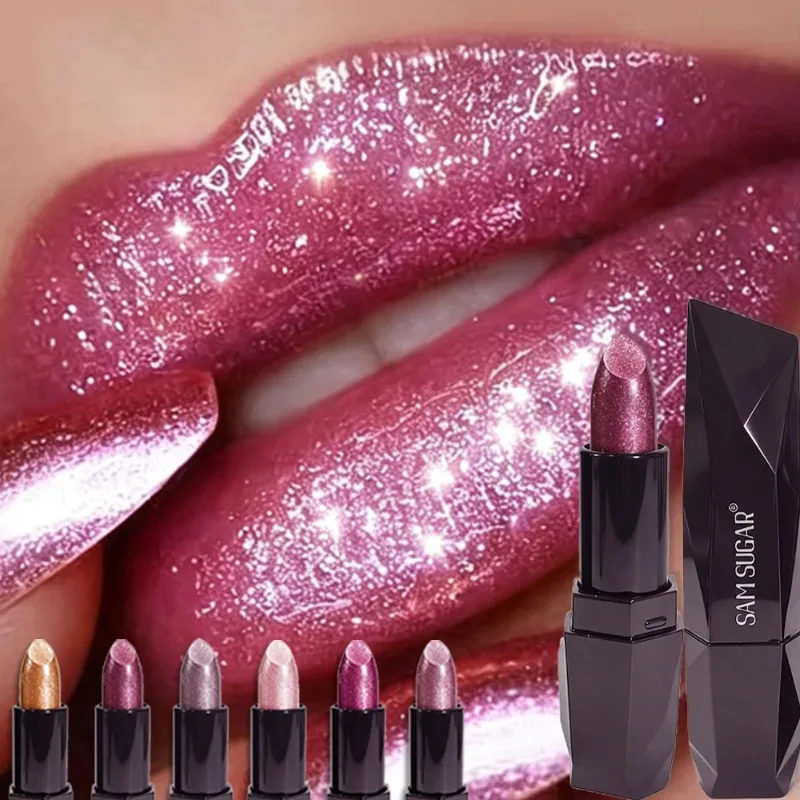6-Color Diamond Pearl Lipstick Waterproof & Super Shiny Lipstick Moisturizing Matte Shimmer Lip Tint Long-Lasting Korean Makeup
