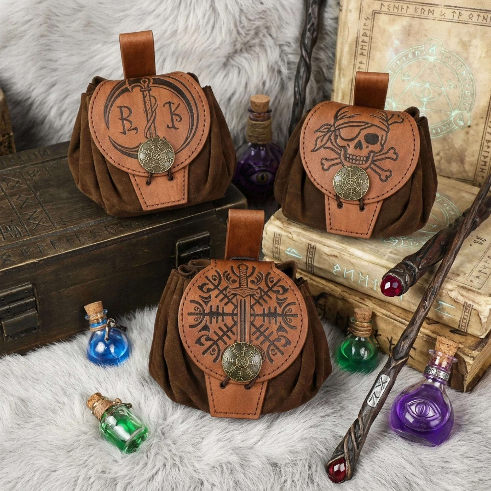 Medieval Viking Belt Pouch Brown PU Leather Drawstring Bag with Norse Rune & Sword Embossing for LARP Renaissance Faire & Cosplay