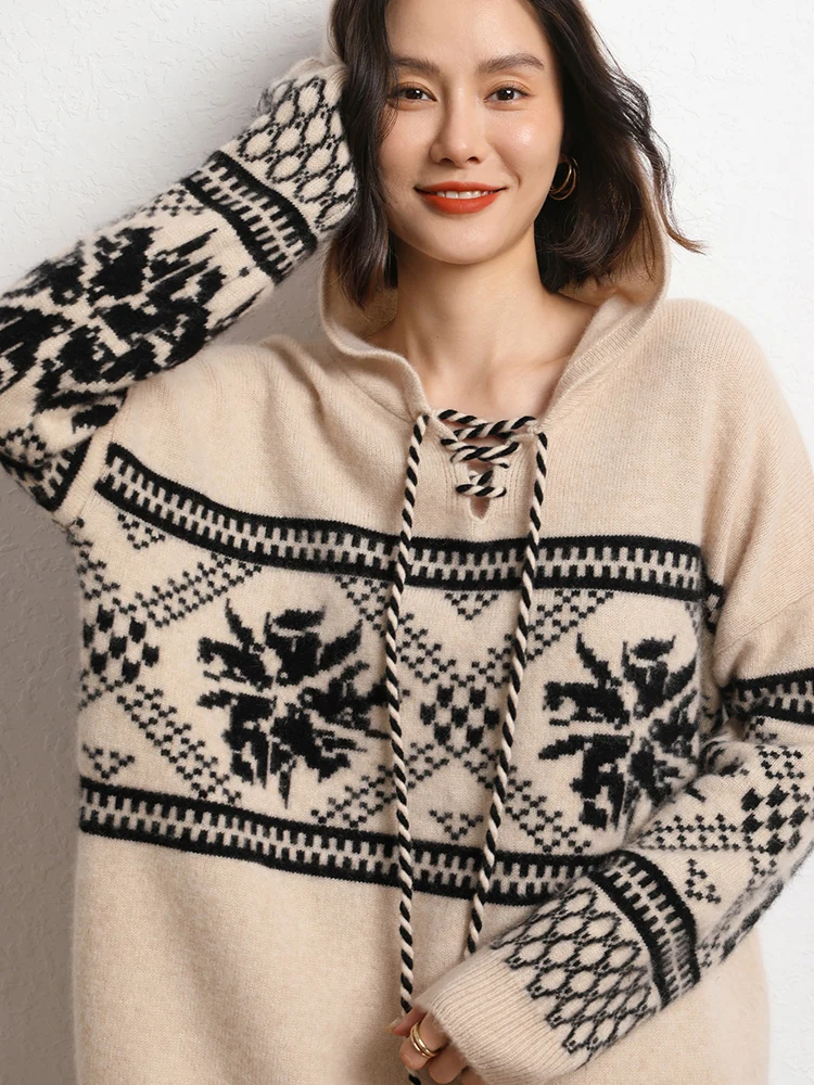 

TLOML Women's 100% Cashmere Sweater Heavy Industry Jacquard Thick Hoodie Pullover Autumn Winter Warm Loose Cashmere Sweater Top