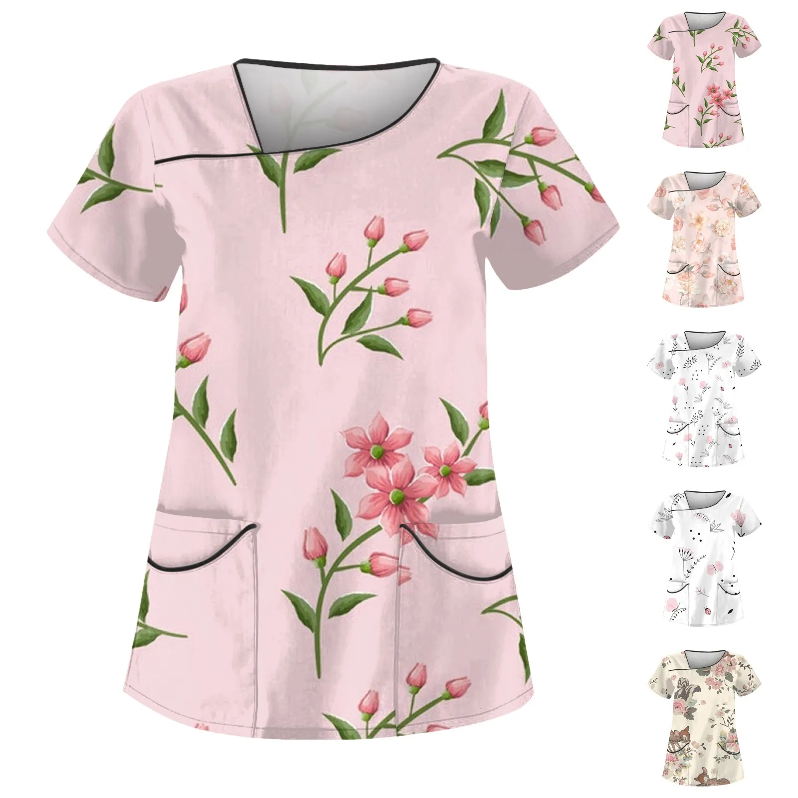 

Slanted Collar Pocket Care Workwear T-Shirt Tops Clinic Working Clothing Short Sleeve Scrub Print Nurse Uniform for Lady