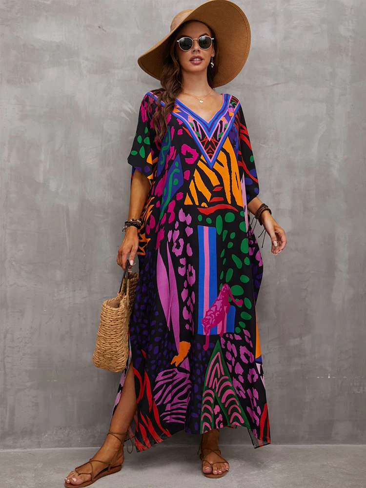 2024 Boho Purple Printed Loose Beach Dress Casual V-neck Batwing Sleeve Side Split Maxi Dresses Women Summer Clothing Q1464