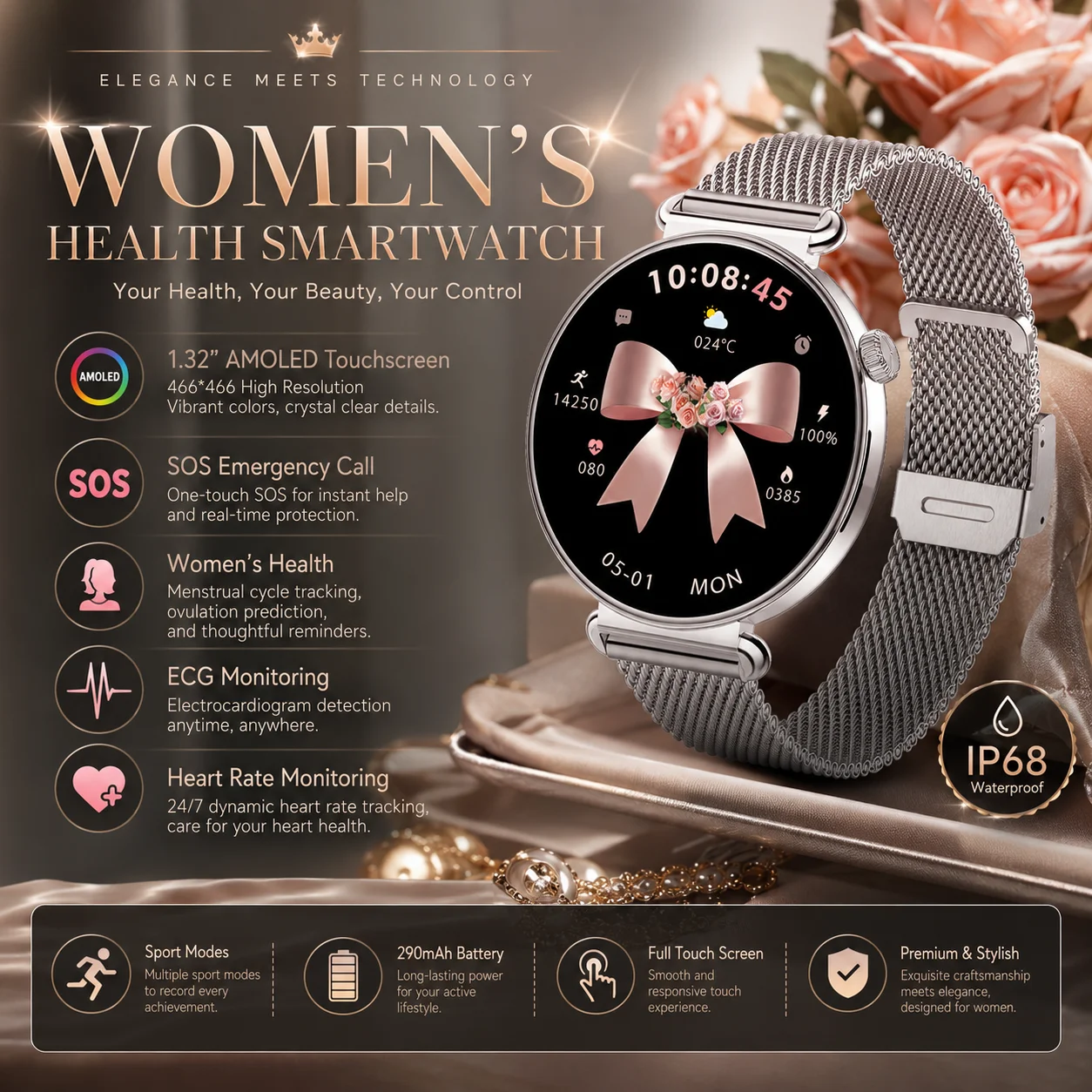 

Women 2026 Smart Fitness Watch Bluetooth Call AI Voice Assistant IP68 Waterproof Heart Rate Sleep Monitor Daily Activity Tracker
